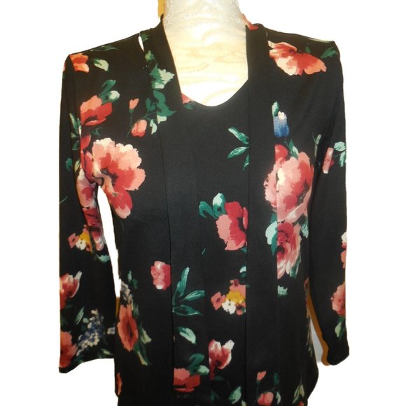 Vintage Blouse Top stretchy knit floral black-pink wear to work retro romantic - Picture 6 of 8